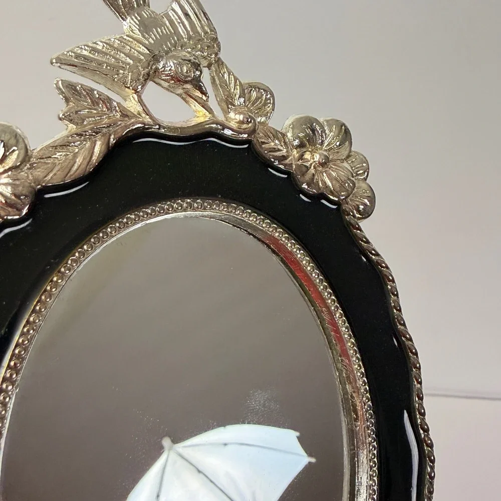 Vintage Emerald Green Silver Bird Picture Frame Made Taiwan R.O.C. Floral Oval